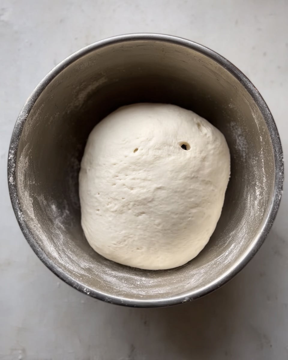 In a round silver metal bowl sitting on a white marbled surface, there is one smooth ball of white dough resting near the bottom. The dough has a soft texture with some small bubbles or air pockets visible on the surface and a single small dark spot near the center. The simple scene is clear and focused on the dough inside the bowl. photo taken with an iphone --ar 4:5 --v 7
