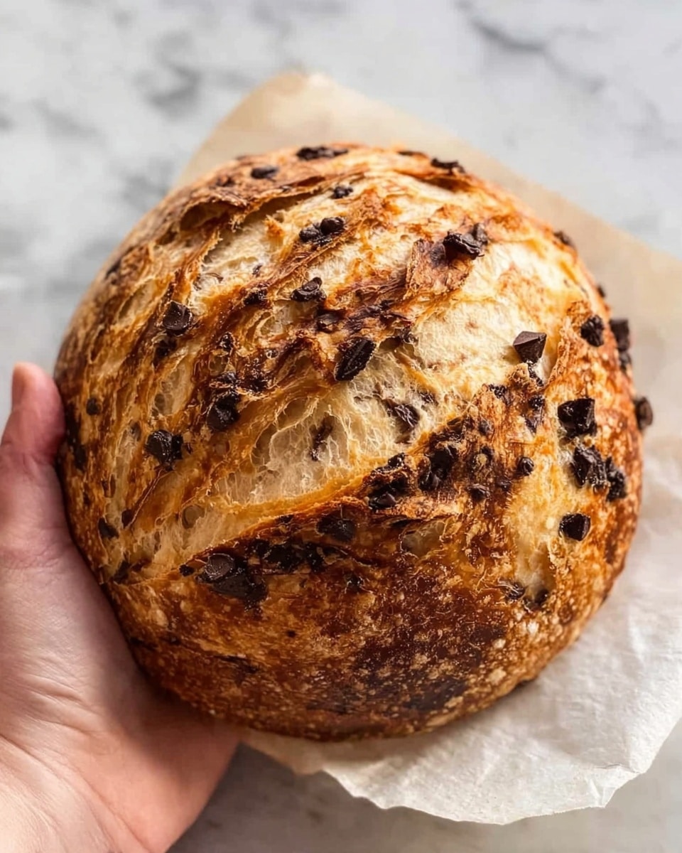 The image shows a round loaf of bread with a golden-brown crust and slightly darker edges. The surface is uneven with swirled layers of dough visible, some sections appearing puffed and flaky. Small dark chocolate chips are scattered all over the top, especially clustered near the center and along the folds. The bread is being held by a woman's hand with light skin, over a piece of white parchment paper on a white marbled surface. The photo taken with an iphone --ar 4:5 --v 7