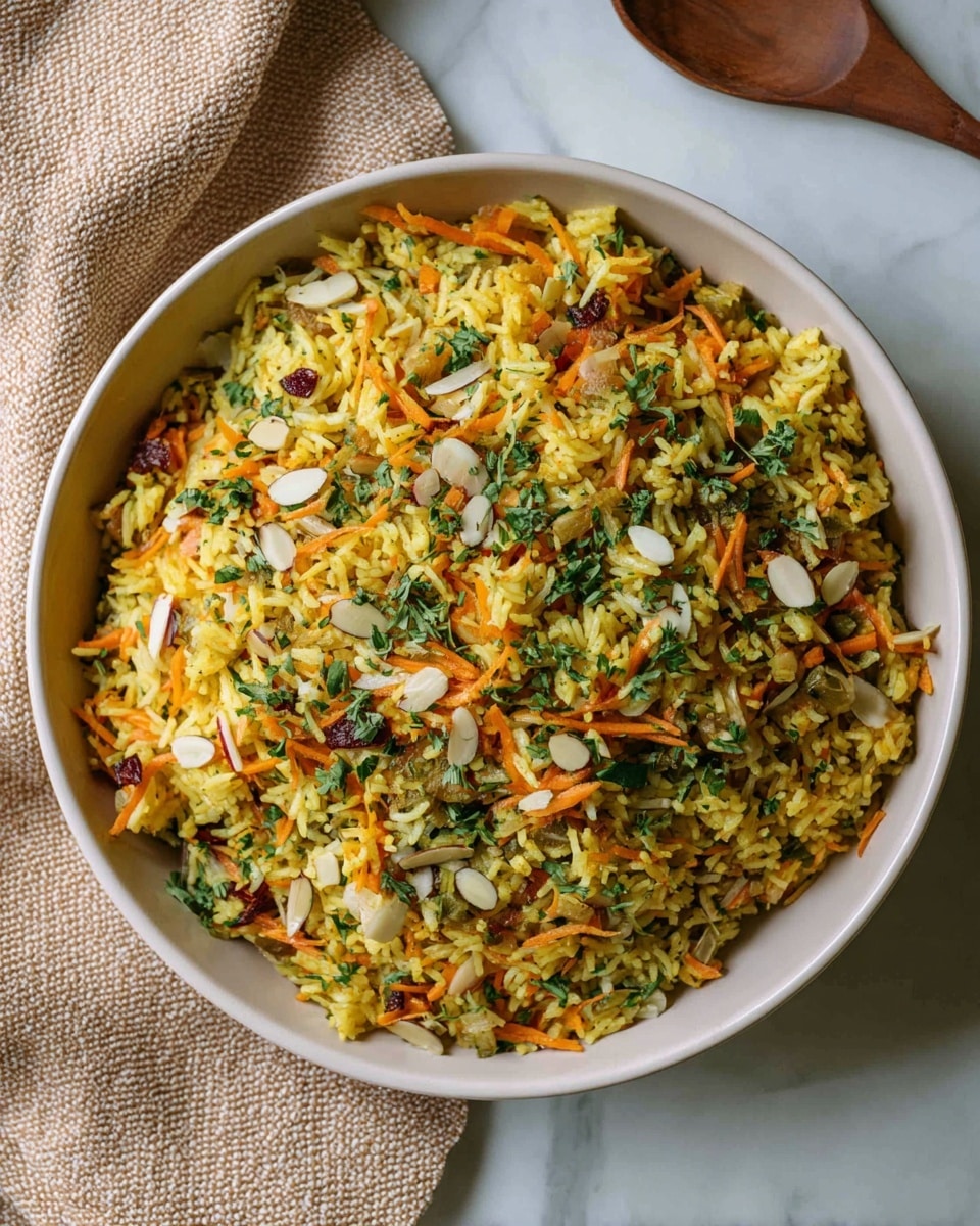 A large white bowl filled with a colorful rice dish that has three main layers mixed together: the yellow rice forms the base, mixed with small pieces of orange carrot strips, green herbs sprinkled on top, and thin light brown almond slices scattered throughout. There are also pumpkin seeds and bits of onion visible in the mix. The bowl is placed on a white marbled surface with a beige textured cloth partially showing in the upper left corner. The food looks fresh and vibrant with a mix of soft and crunchy textures. Photo taken with an iphone --ar 4:5 --v 7