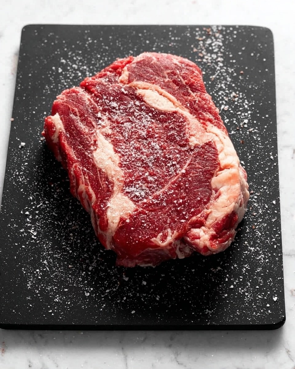 A raw thick cut of red meat with white fat marbling throughout is placed on a black cutting board. The meat is covered with coarse white salt sprinkled evenly on top and around it. The black cutting board contrasts against a white marbled surface underneath, making the rich red color of the meat stand out. The meat has a bit of uneven texture, showing natural muscle fibers and fat layers. photo taken with an iphone --ar 4:5 --v 7