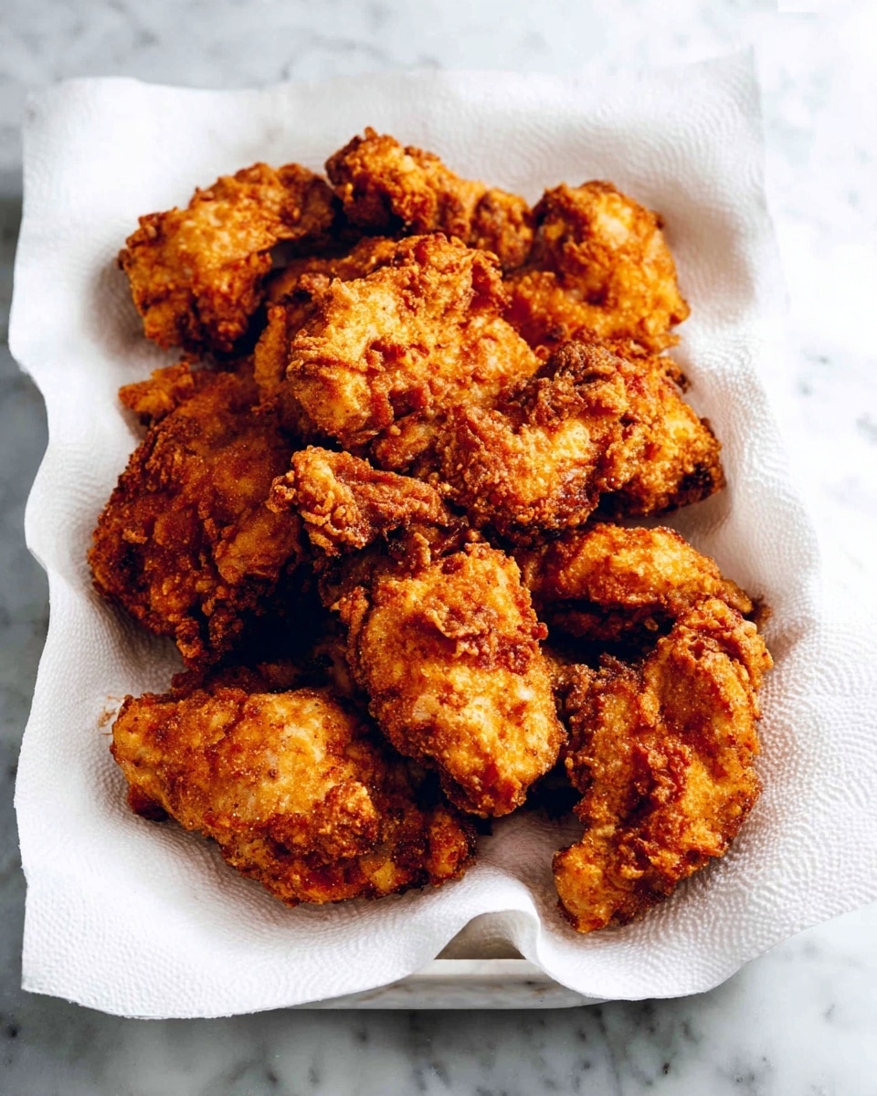 A white tray lined with white paper towels holds a pile of crispy fried chicken pieces. The chicken pieces vary in size and shape, each with a golden brown, crunchy textured coating that looks thick and uneven. The surface beneath the tray is white marble, adding a clean and bright background that highlights the rich colors of the fried chicken photo taken with an iphone --ar 4:5 --v 7