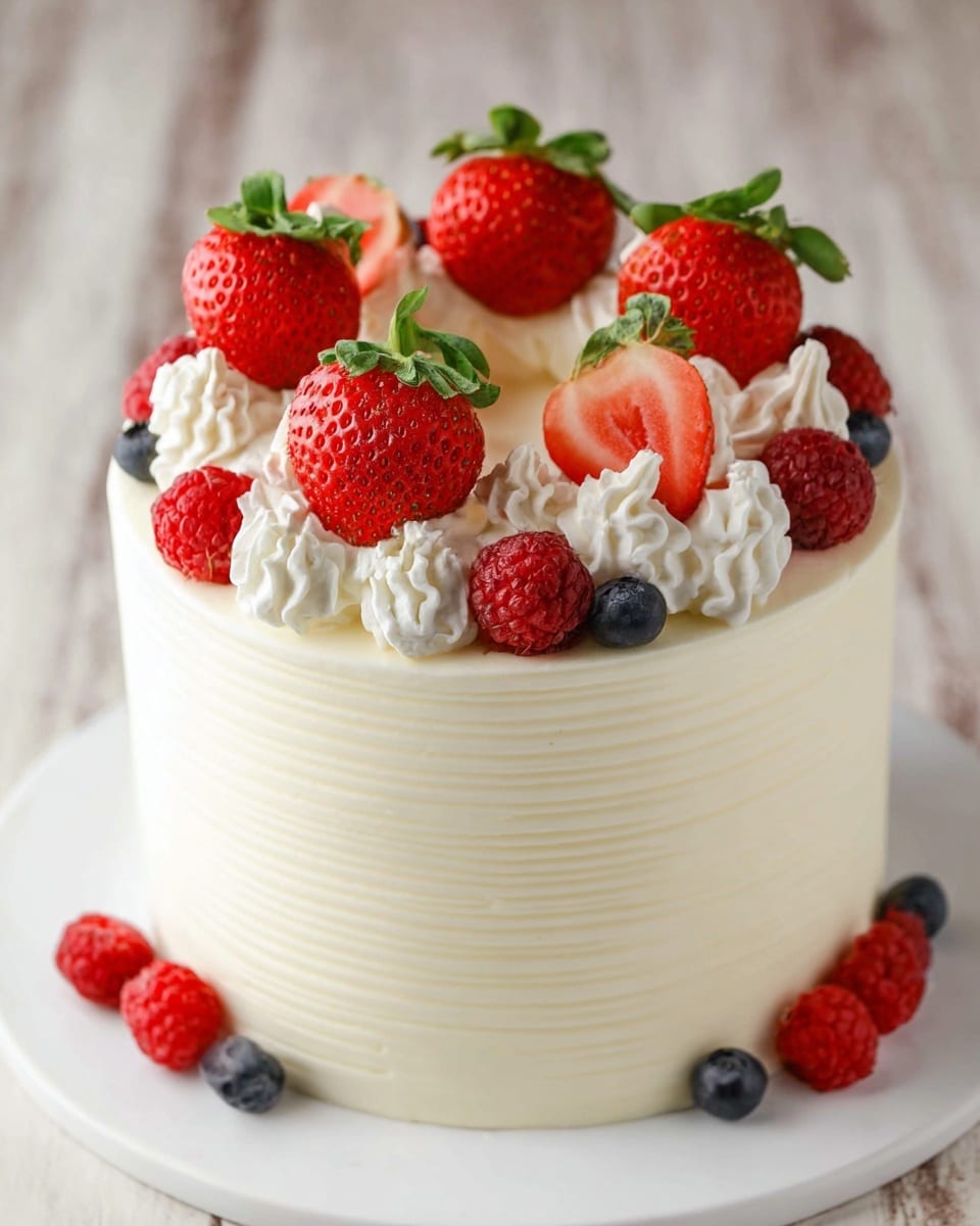 A tall round cake with smooth white frosting has a pattern of thin horizontal lines on the sides. On top, there is a ring of white cream dollops spaced evenly. Each dollop holds a whole bright red strawberry with green leaves, except for one half strawberry showing its red inside. Around the cream dollops, there are small piles of fresh red raspberries and dark blue blueberries. Some berries also sit on the white plate that holds the cake. The surface behind the cake has a white marbled texture. Photo taken with an iphone --ar 4:5 --v 7