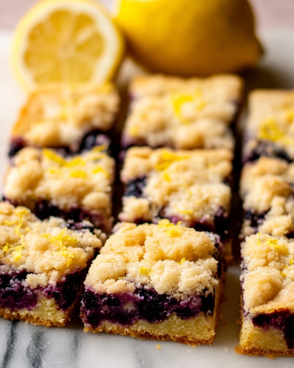 The image shows a close-up view of blueberry lemon bars arranged in a grid, with nine square pieces visible. Each bar has two main layers: a golden, crumbly top with a rough texture and scattered bits of lemon zest, and a bottom layer filled with dark purple blueberries embedded in a light yellow cake-like base. In the background, there is a halved lemon with bright yellow flesh and smooth skin placed on a white marbled surface, adding a fresh touch to the scene. The photo gives a warm and inviting feeling with its bright colors and soft focus. Photo taken with an iphone --ar 4:5 --v 7