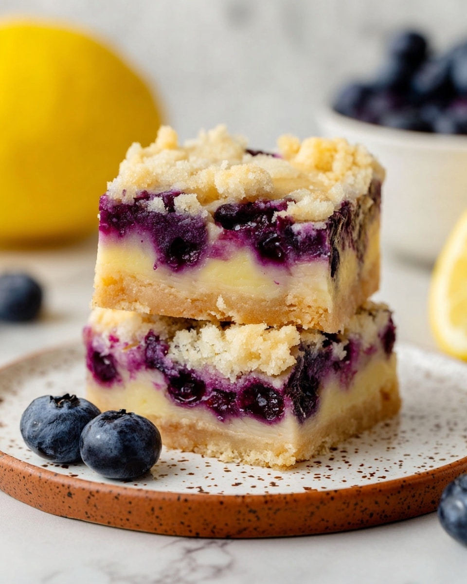 The image shows two square blueberry dessert bars stacked on top of each other on a white speckled plate with a brown rim. Each bar has three layers: a light golden crust at the bottom, a thick middle layer filled with bright purple blueberries embedded in a creamy, pale yellow filling, and a crumbly, golden topping. Two fresh blueberries rest beside the bars on the plate. The background features a white marbled surface with a blurred bowl of blueberries and a whole yellow lemon. Photo taken with an iphone --ar 4:5 --v 7