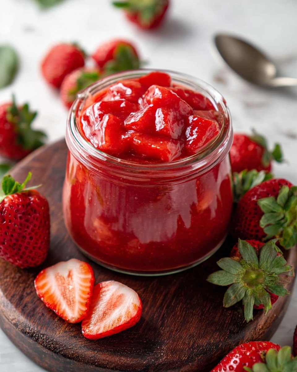 A clear glass jar filled with a thick red strawberry sauce containing large chunks of bright red strawberries, sitting on a dark wooden board. Around the jar, fresh whole and sliced strawberries with green leaves are scattered, resting on the board and a white marbled surface in the background. A silver spoon lies blurred in the background, adding depth to the image. Photo taken with an iphone --ar 4:5 --v 7