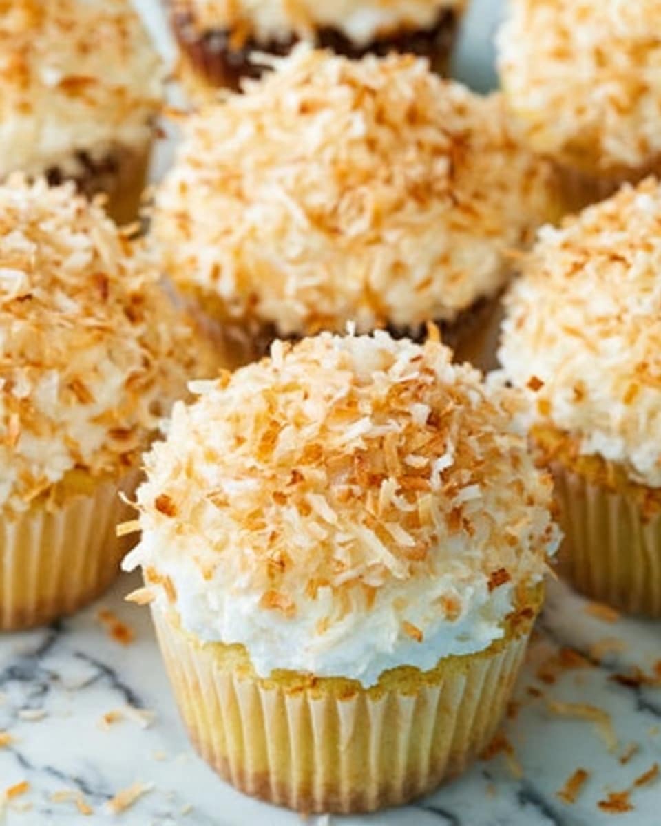 The image shows a group of yellow cupcakes arranged on a metal cooling rack with a blue cloth underneath, placed on a white marbled surface. Each cupcake has three visible layers: the base is a soft yellow cake, the middle is a thin dark chocolate layer just above the cake, and the top is a thick, fluffy white frosting generously covered with golden toasted coconut flakes, giving the cupcakes a textured and crunchy look. The cupcakes are close together, and the background includes a white plate with more cupcakes that are out of focus. Photo taken with an iphone --ar 4:5 --v 7