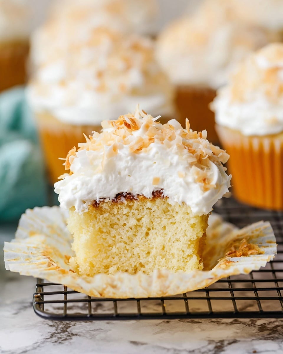 A close-up view of a cupcake with three visible layers: the bottom layer is a soft, light yellow cake with a fluffy texture, the middle layer shows a crinkled white cupcake paper wrapper peeled back around the cake, and the top layer is a thick, white frosting sprinkled generously with light brown toasted coconut flakes. In the background, there are several blurred cupcakes that have the same frosting and topping. The cupcakes rest on a cooling rack over a white marbled surface. photo taken with an iphone --ar 4:5 --v 7