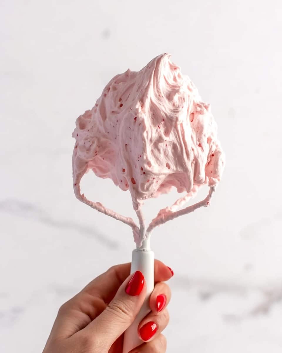 A close-up photo shows a woman's hand holding a white mixer beater covered in thick, light pink whipped cream. The whipped cream has a smooth and creamy texture with tiny darker pink specks throughout. The woman's nails are painted red, and the background is a white marbled texture. photo taken with an iphone --ar 4:5 --v 7
