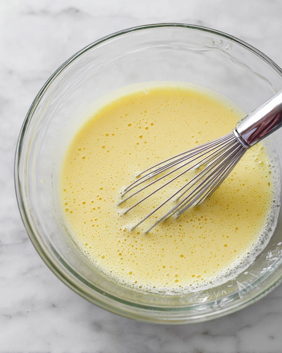 A clear glass bowl holds a light yellow, foamy liquid mixture that looks smooth with small bubbles on the surface. Inside the bowl is a shiny silver metal whisk partly dipped into the liquid, positioned on the right side. The bowl is set on a white marbled texture surface that brightens the scene. The mixture fills about one-third of the bowl, showing the rounded clear edges of the bowl above it. photo taken with an iphone --ar 4:5 --v 7