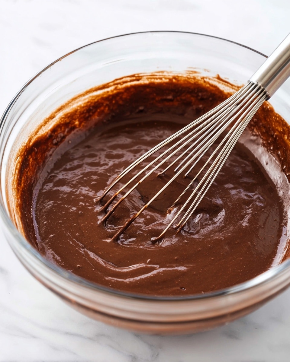 A clear glass bowl filled with a smooth, thick, dark brown chocolate batter. The batter has a glossy texture and covers the bottom and sides of the bowl unevenly. A metal whisk with thin wires coated in the chocolate batter is resting inside the bowl. The bowl sits on a white marbled surface with soft lighting highlighting the rich color of the batter. photo taken with an iphone --ar 4:5 --v 7
