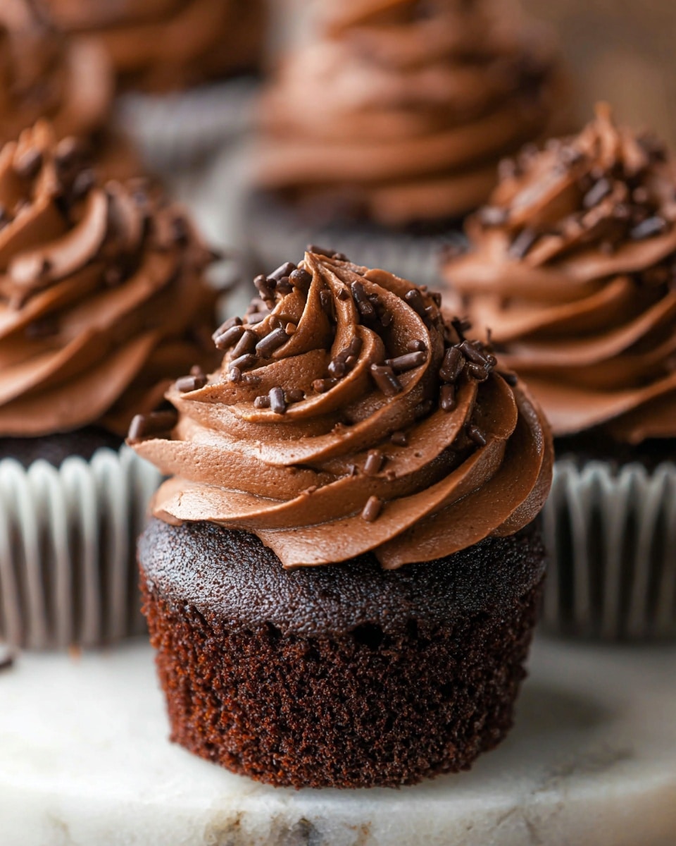 A close-up of a chocolate cupcake with two layers: the bottom layer is dark, moist chocolate cake with a spongy texture, and the top layer is thick, swirled chocolate frosting with a creamy, smooth texture, decorated with small dark chocolate sprinkles scattered on top. The cupcake liner is peeled back, showing the rich cake underneath. The background has a soft focus with more similar cupcakes visible, all on a white marbled surface. photo taken with an iphone --ar 4:5 --v 7