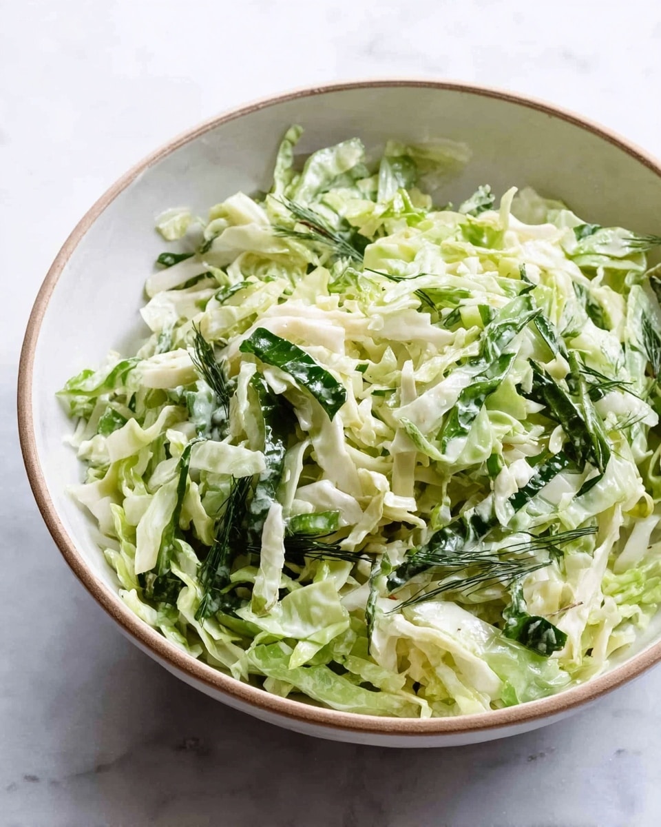 A large white bowl with a light brown rim is filled with finely shredded cabbage and thin strips of dark green leafy vegetables mixed throughout. The cabbage is pale green and white, fluffy and slightly moist in texture, filling the bowl evenly to the edges. The dark green strips add contrast, scattered well inside the pile of cabbage. The bowl sits on a white marbled surface, giving a clean and fresh look. Photo taken with an iphone --ar 4:5 --v 7