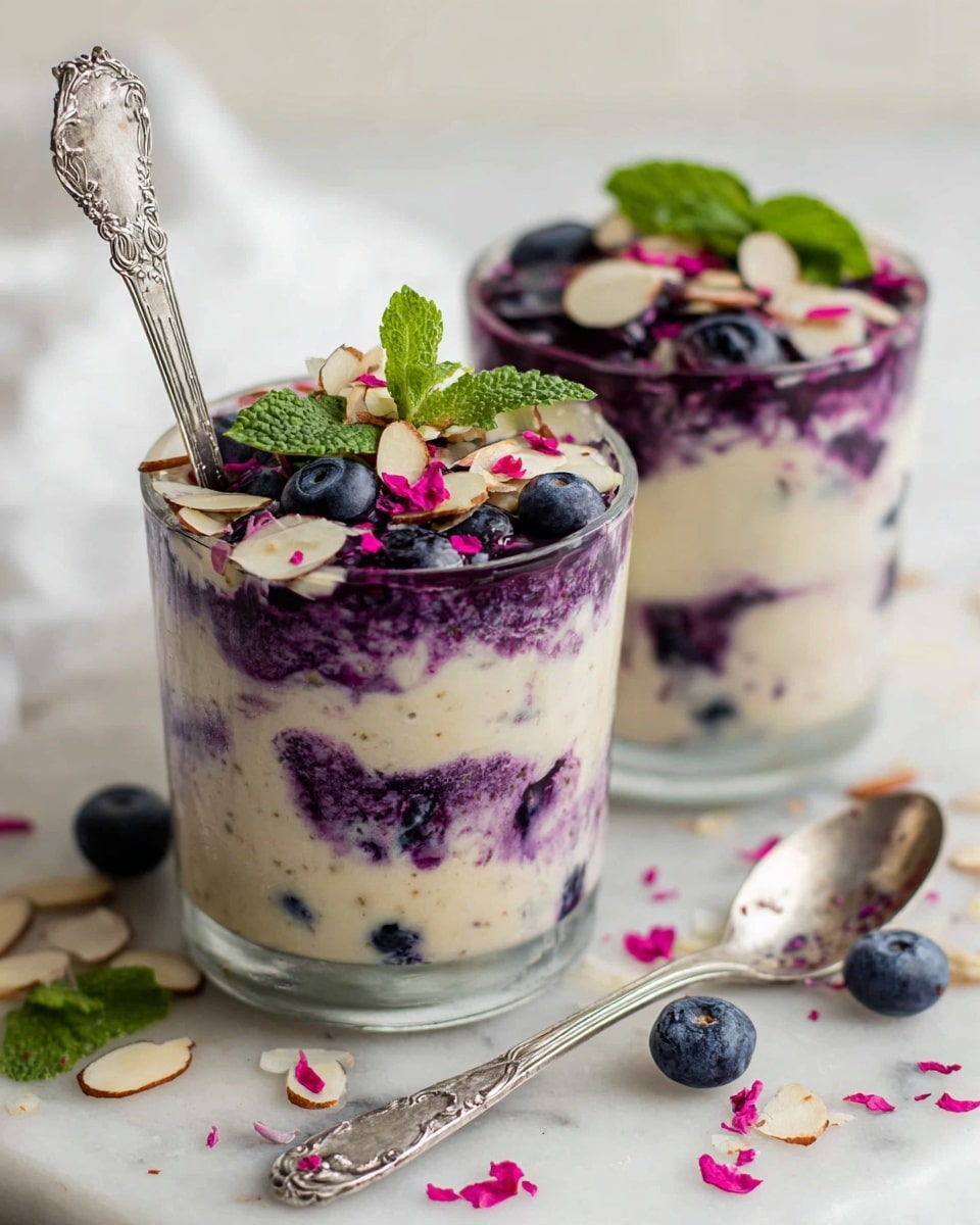 Two clear glass cups are placed on a white marbled surface. Each cup shows three visible layers: a creamy beige yogurt mix with purple blueberry swirls inside it. The bottom layer is creamy beige with scattered blueberry bits, the middle is a thick dark purple blueberry layer, and the top has creamy beige yogurt with visible blueberry streaks. The top is decorated with sliced almonds, small pink flakes, and fresh green mint leaves. One cup has a silver spoon inside with an intricate handle, while a plain silver spoon rests on the marbled surface in front. A few whole blueberries and pink flakes are scattered around the cups. Photo taken with an iphone --ar 4:5 --v 7