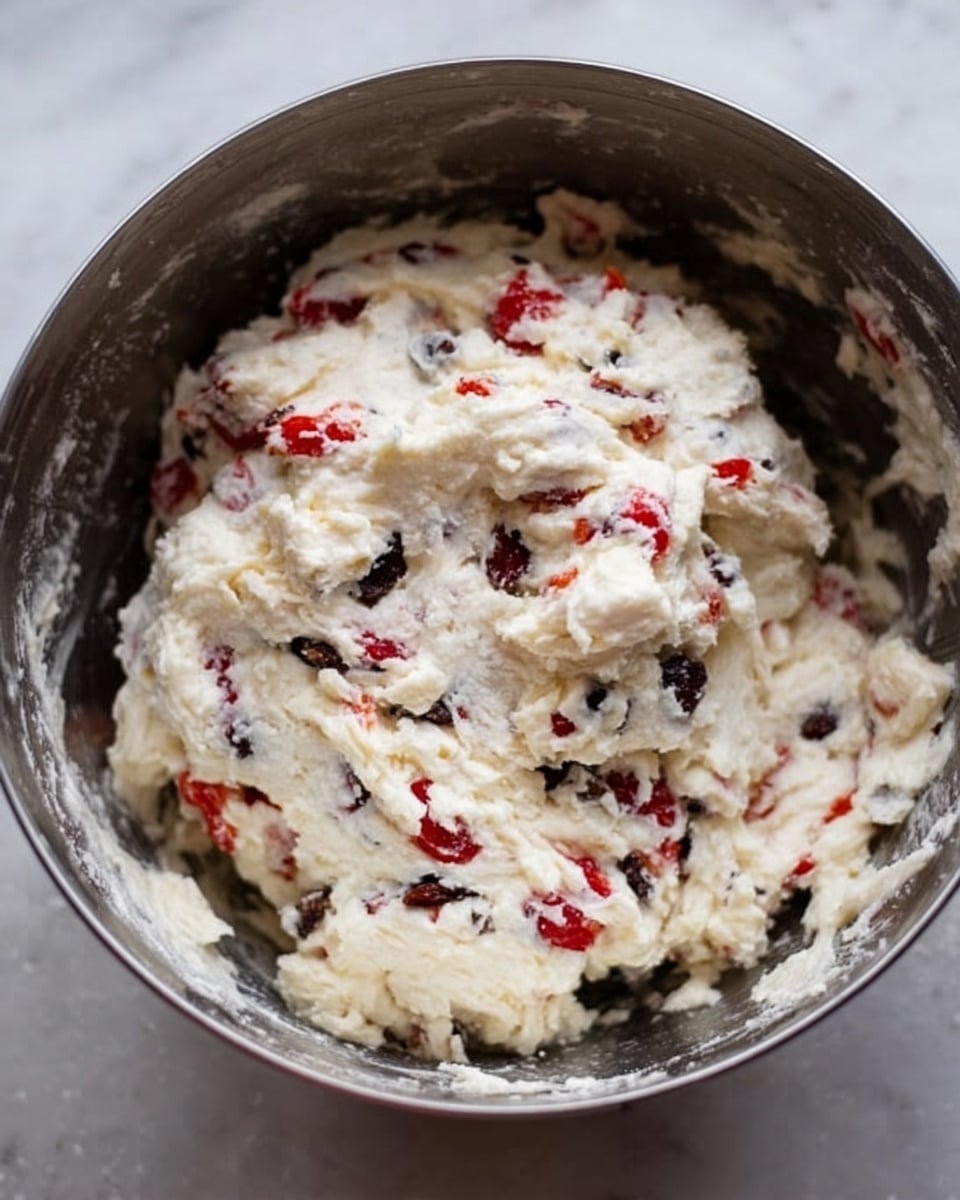 The image shows a close-up top view of a metal bowl filled with thick, creamy white dough mixed with bright red and dark brown pieces. The dough has a soft, slightly rough texture, and the colorful bits are scattered evenly throughout. The mix looks fresh and ready to be shaped or baked, with some dough sticking lightly to the bowl edges. The scene is on a white marbled surface. Photo taken with an iphone --ar 4:5 --v 7