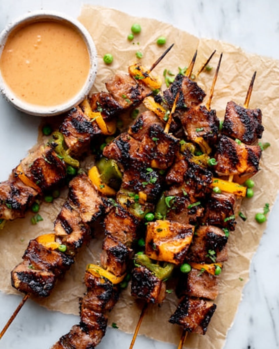 The image shows six wooden skewers with grilled chicken pieces arranged side by side on a light brown wooden cutting board. The chicken is cooked to a golden brown with some darker grill marks and slightly shiny from a glaze or sauce. The cutting board rests on a white marbled surface. On the top left, there is part of a glass bowl filled with colorful beans and corn salad, and near the bottom left, a whole garlic bulb is visible. Some fresh green herbs are partially seen on the top right side of the scene. Photo taken with an iphone --ar 4:5 --v 7
