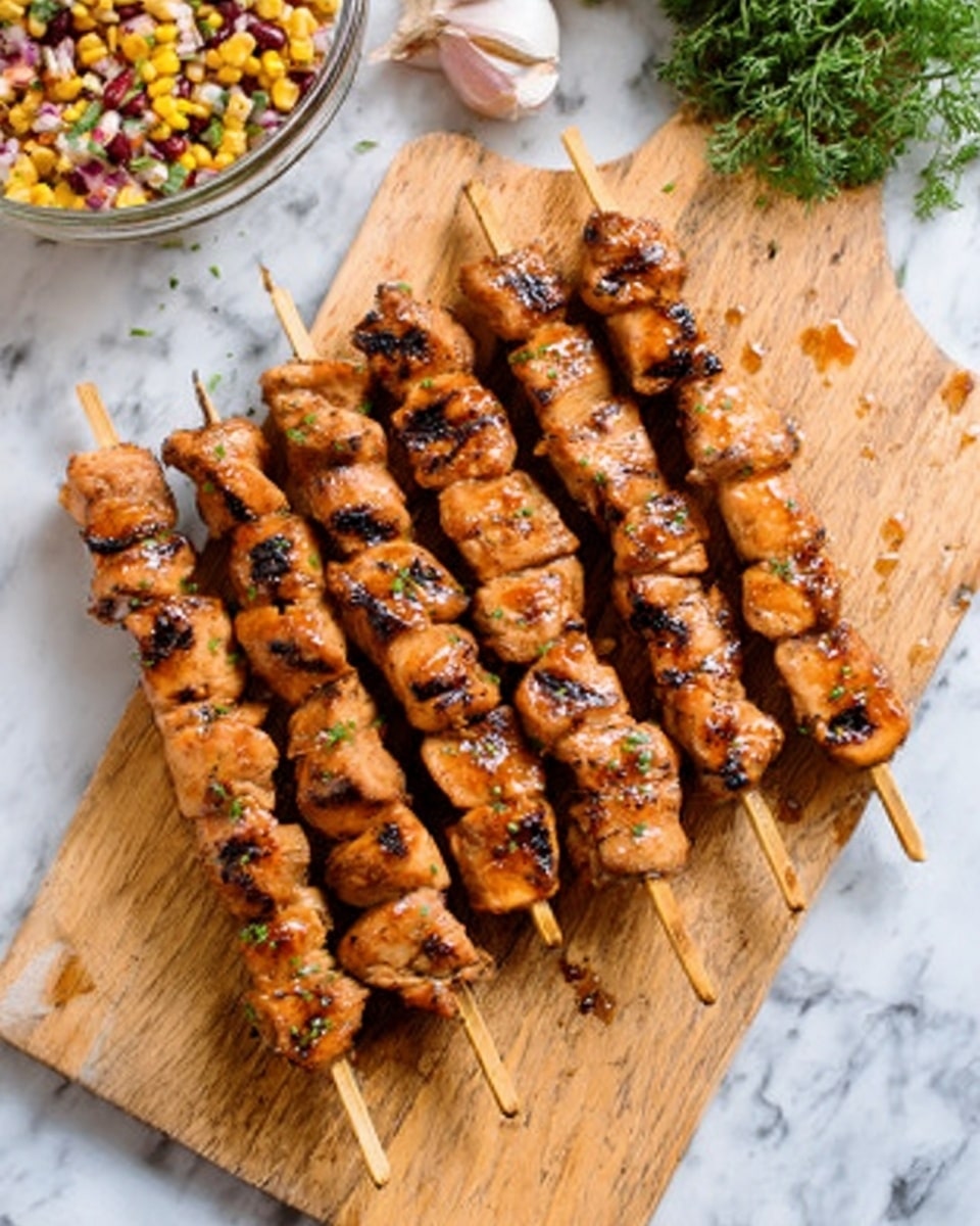 The image shows five wooden skewers with grilled pieces of meat and vegetables arranged in a row on parchment paper over a white marbled surface. Each skewer has layers of browned, grilled meat chunks that look juicy, with grilled yellow bell pepper slices and green peas scattered around. Some skewers have char marks, giving a textured look. A round white bowl with pale orange sauce is placed in the upper left corner, and a woman's hand holds one skewer in the top left area. The scene is bright and clear, focusing on the grilled food's rich colors and textures. photo taken with an iphone --ar 4:5 --v 7