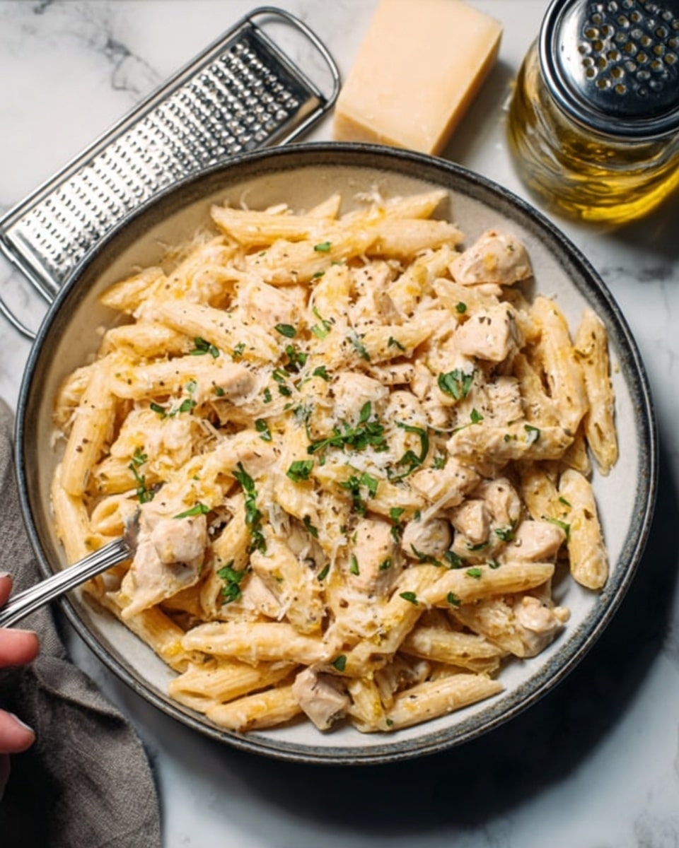 A white bowl filled with creamy pasta made with penne noodles and small pieces of cooked chicken, covered in a light-colored sauce that looks smooth and rich. The pasta and chicken are mixed evenly, topped with small bits of fresh green herbs scattered across the dish. Next to the bowl, there is a small metal jar with grated cheese and a cheese grater, all set on a white marbled surface. The lighting highlights the creamy texture of the sauce and the slight shine on the noodles. Woman's hand holding a fork is just touching the edge of the bowl. photo taken with an iphone --ar 4:5 --v 7