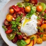 Summer Burrata Salad with Heirloom Tomatoes, Peach, and Lemon-Thyme Oil Recipe