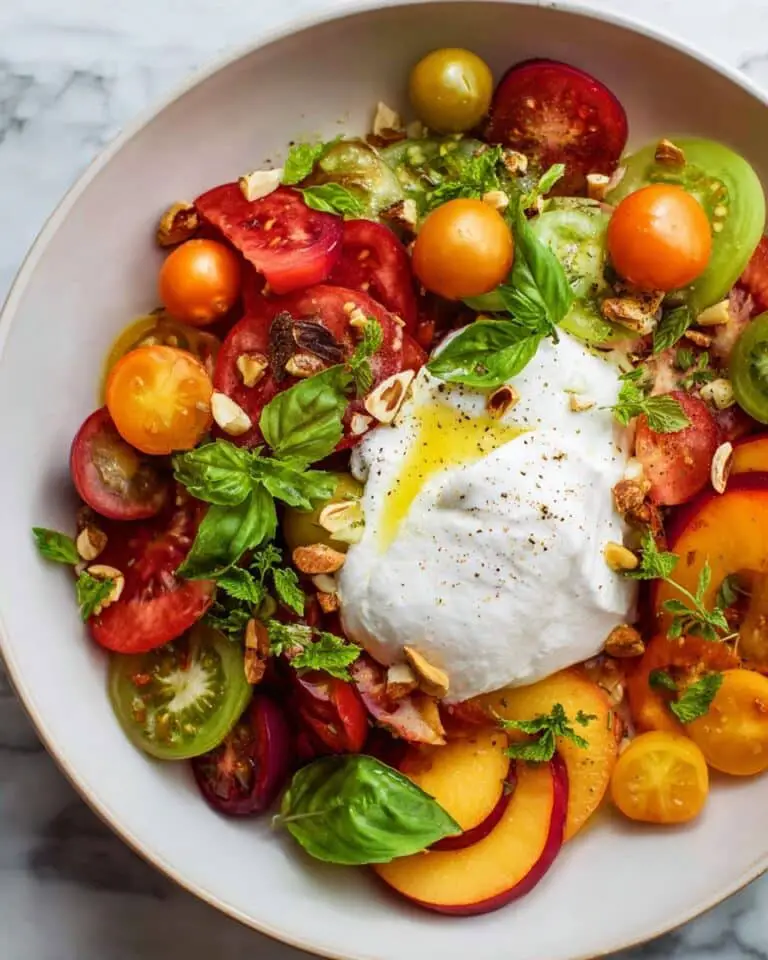 Summer Burrata Salad with Heirloom Tomatoes, Peach, and Lemon-Thyme Oil Recipe