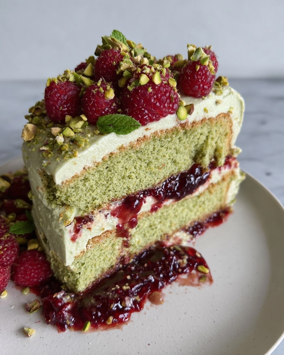 A two-layer cake sits on a white plate on a white marbled surface, with each layer of light brown sponge separated by pale green frosting mixed with fresh raspberries. The top layer is thickly covered with the same pale green frosting, decorated with whole raspberries, chopped green pistachios, and fresh green mint leaves scattered on top and around the plate. Photo taken with an iphone --ar 4:5 --v 7