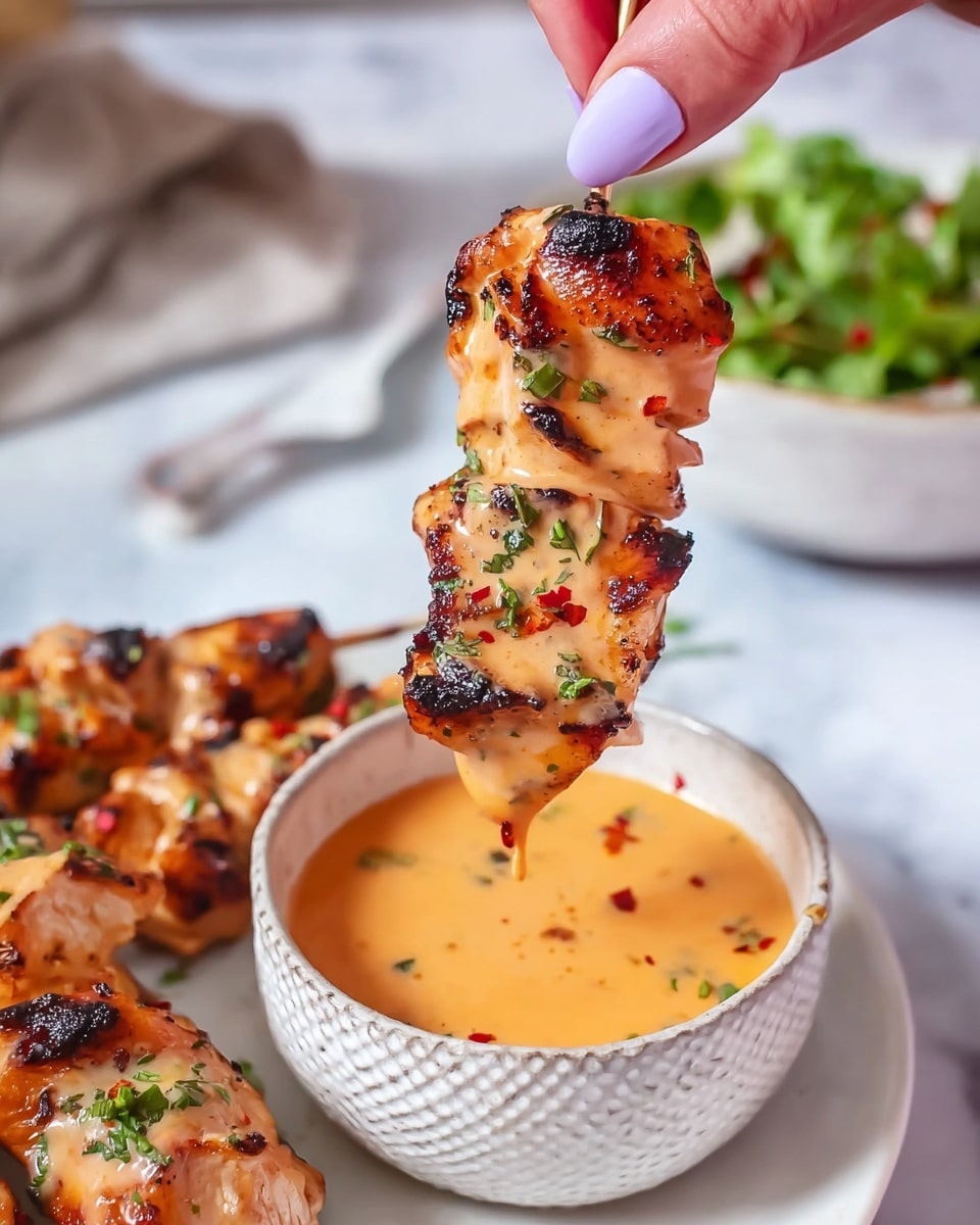 A close-up of a skewer holding four pieces of grilled chicken with a creamy orange sauce on top, showing some charring and sprinkled with small green herbs and red flakes, being dipped into a white, textured bowl filled with the same orange sauce; in the background, a white plate holds more skewers with similar chicken, sitting on a white marbled surface, with a blurred bowl of green salad to the side. A woman's hand with light lavender nail polish is holding the skewer. Photo taken with an iphone --ar 4:5 --v 7