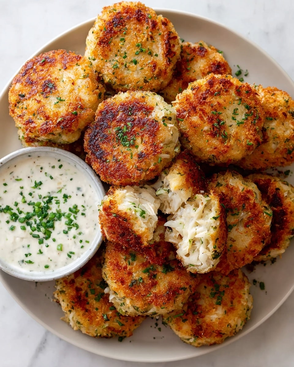 A white round plate filled with a pile of golden-brown crab cakes, each cake showing a crispy, textured crust with green herb sprinkles on top; one crab cake is broken open, revealing a moist, white and flaky inside. To the left of the pile, there is a small round white bowl filled with creamy white dipping sauce topped with chopped green herbs. The plate is set on a white marbled surface. Photo taken with an iphone --ar 4:5 --v 7