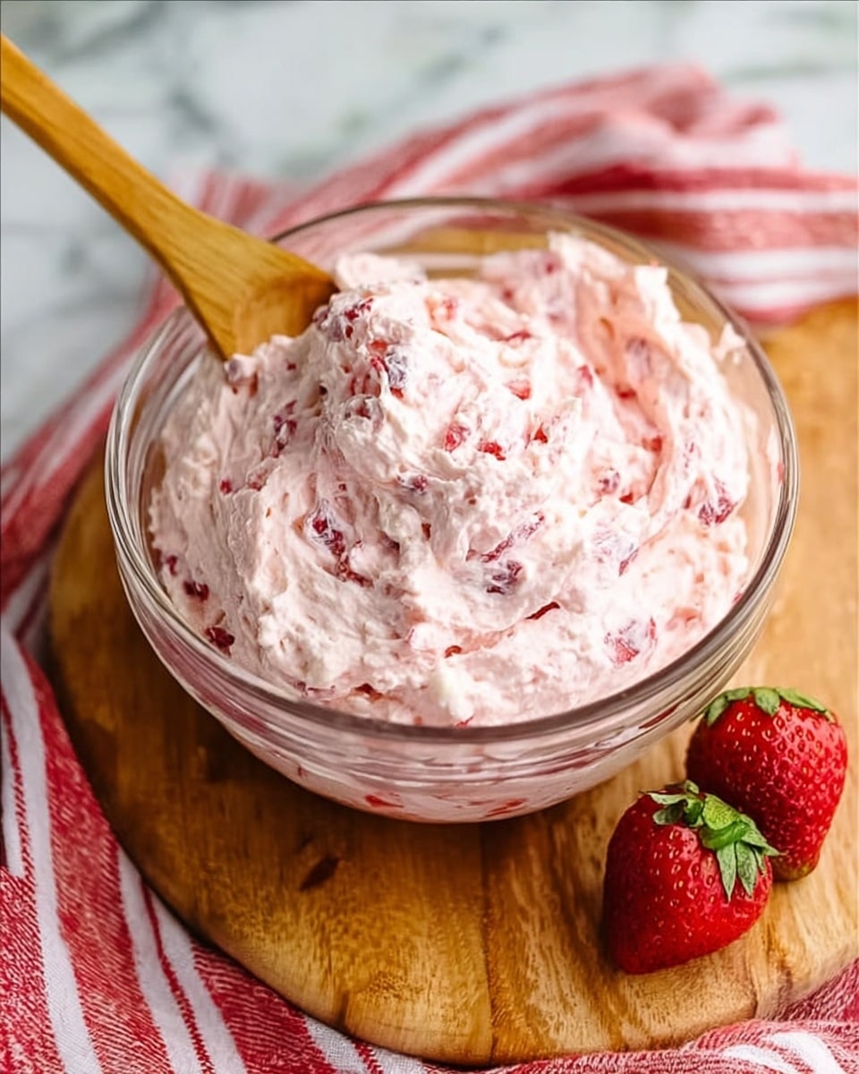 A clear glass bowl filled with light pink creamy mixture that has bits of red fruit mixed throughout, sitting on a wooden board. A wooden spoon is partially submerged in the mixture, showing its soft and fluffy texture. Two fresh red strawberries with green tops rest next to the bowl on the wooden board. A red and white striped cloth is visible beneath the board. The background is white marbled texture photo taken with an iphone --ar 4:5 --v 7