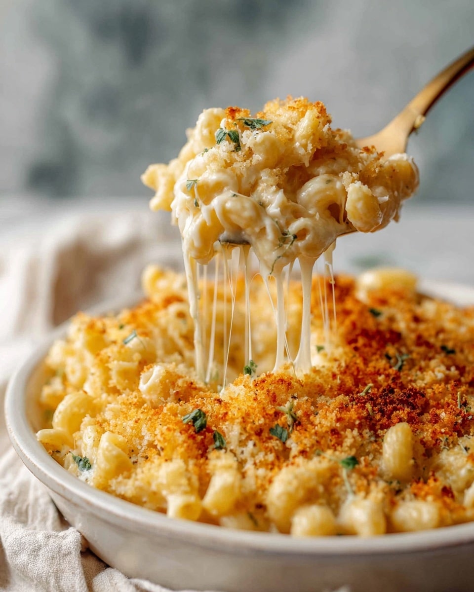 A close-up view of a white dish filled with creamy macaroni and cheese, topped with golden-brown breadcrumbs and small green herb pieces scattered across the surface. The macaroni is light yellow, covered in a smooth cheese sauce that stretches in strings as a gold fork lifts a portion above the dish, showing the soft swirled pasta underneath the crunchy topping. The dish sits on a white marbled surface with a soft cloth nearby. photo taken with an iphone --ar 4:5 --v 7