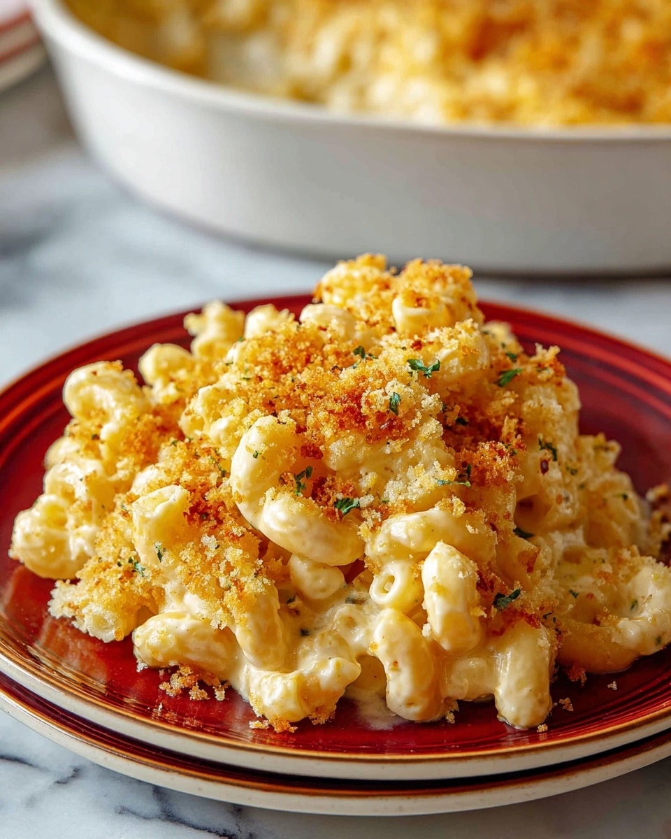A serving of macaroni and cheese is piled on a white plate with a red center and a thin brown rim. The macaroni is covered in creamy, light yellow cheese sauce. On top, there is a golden-brown crispy breadcrumb layer with small green herb specks scattered through it. The texture looks rich and creamy under the crunchy topping. In the blurred background, part of a white dish filled with more macaroni and cheese is visible, resting on a white marbled surface. Photo taken with an iphone --ar 4:5 --v 7