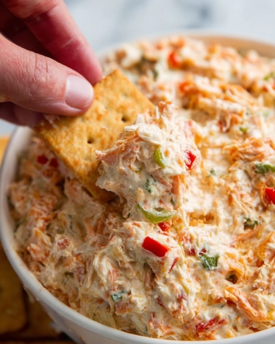 A close-up of a white bowl filled with creamy crab dip that has visible chunks of orange crab meat mixed with small bits of green herbs and red peppers. A woman's hand is dipping a square cracker into the thick, textured dip, showing the dip sticking to the cracker. The background is a white marbled surface. photo taken with an iphone --ar 4:5 --v 7