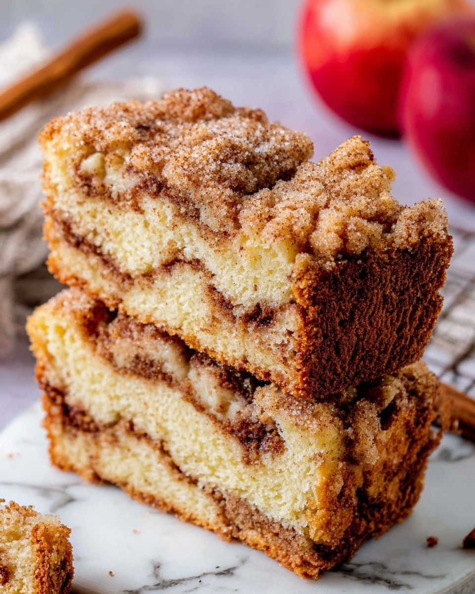 The image shows a sliced bread loaf with five visible pieces arranged side by side on a wooden surface. The bread has a golden-brown crust with a textured, slightly rough top. Inside, the bread is light brown with visible chunks of apple and darker swirls of cinnamon spread unevenly through each slice. Part of a red and white checkered cloth is draped in the upper left corner, and there are apples with red and green colors placed at the right and bottom left corners, all set on a white marbled surface. photo taken with an iphone --ar 4:5 --v 7