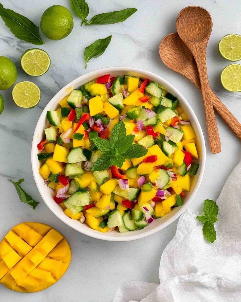 A white bowl filled with a colorful salad made of three main layers: bright yellow mango cubes, green cucumber chunks with smooth, slightly shiny skin, and small red bell pepper pieces. Mixed throughout are thin slices of pale purple onion and green mint leaves, with a sprig of fresh mint placed on top as garnish. The bowl sits on a white marbled surface, surrounded by halved limes, fresh green basil leaves, two wooden serving spoons, and a white cloth. Two small mango cubes are placed near the bowl. Photo taken with an iphone --ar 4:5 --v 7