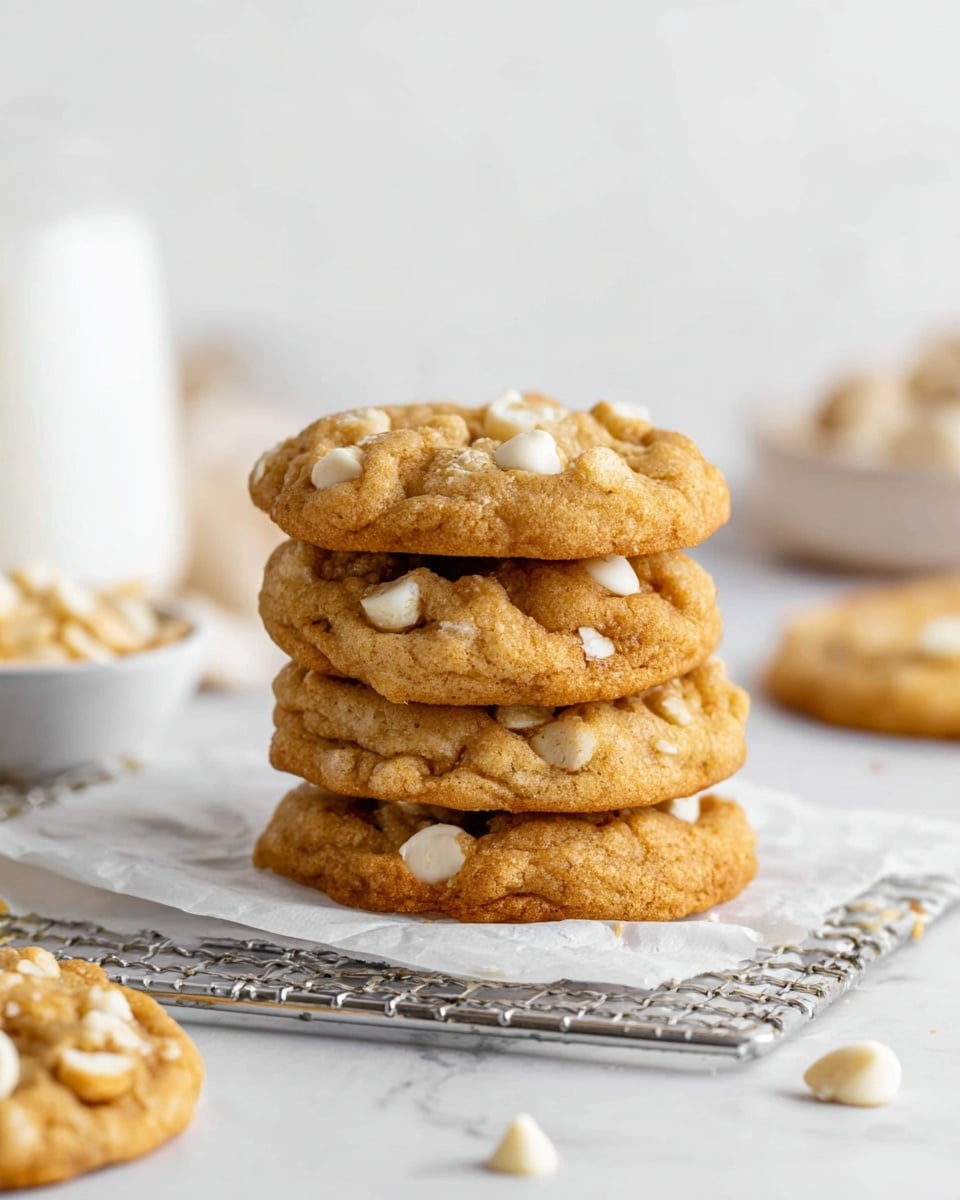 A stack of soft brown cookies with white chocolate chips sits on crumpled white parchment paper, resting on a small metal cooling rack with a silver handle. One cookie, more in the front, has a bite taken out, showing the soft texture inside. Around the cookies are a few scattered white chocolate chips and a small white bowl filled with coarse salt. The whole scene is set on a white marbled surface, giving a clean and bright look. Photo taken with an iphone --ar 4:5 --v 7