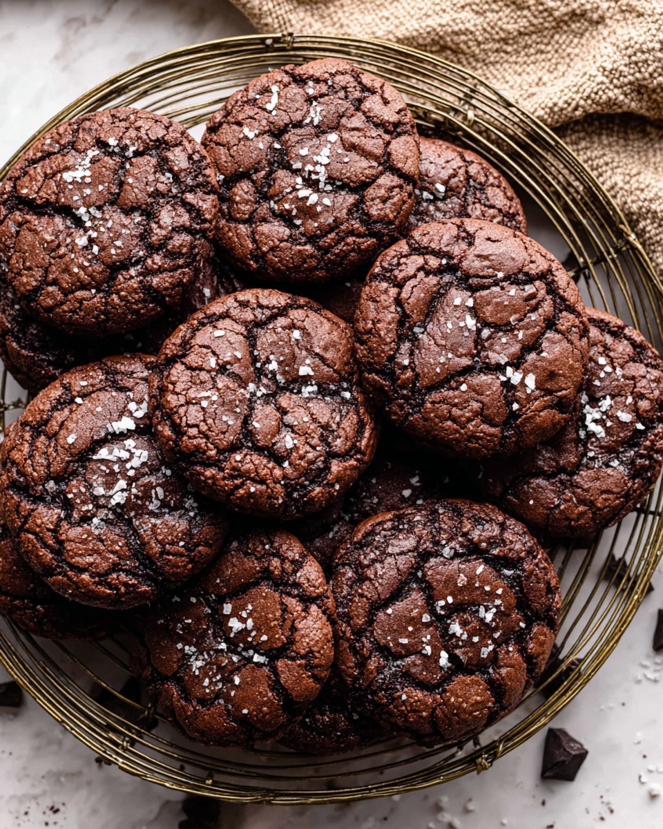 A round metal wire rack holds about 16 dark brown chocolate cookies with crackled tops sprinkled with white coarse salt, showing a textured, slightly shiny baked surface. The cookies overlap slightly and have rough edges, placed on a white marbled background. Some dark shadow details add depth, and a woven beige cloth is partially visible in the upper right corner. Photo taken with an iphone --ar 4:5 --v 7