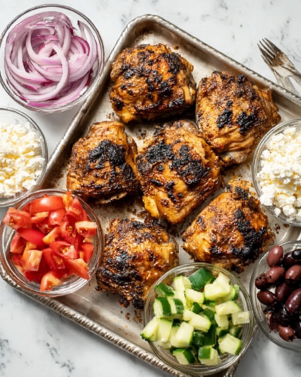 A silver tray holds six pieces of grilled chicken thighs, each with visible char marks and a mix of golden brown and darker browned spots on the skin, showing a crispy texture. Around the tray are small clear white bowls filled with vibrant side ingredients: sliced red onions with a shiny look at the top left, white crumbly cheese at the top right, bright red cherry tomato halves at the bottom left, fresh diced cucumber pieces at the bottom center, and dark sliced olives at the bottom right. The setup is on a white marbled surface. photo taken with an iphone --ar 4:5 --v 7