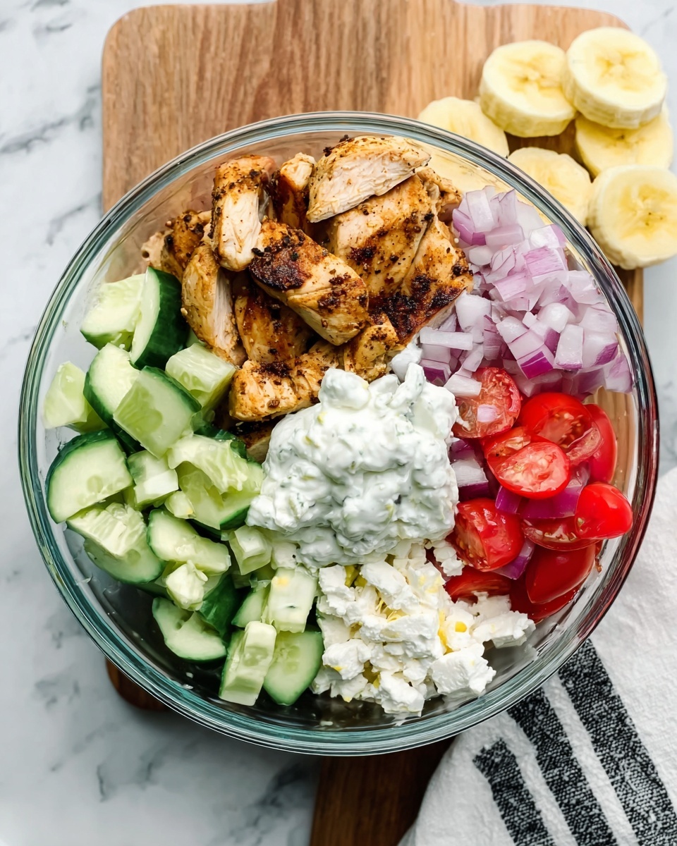 The image shows a clear glass bowl filled with layers of food on a white marbled surface. On one side, pieces of grilled golden-brown chicken are stacked, with a slight char on the edges. Next to the chicken, there are small cubes of fresh green cucumber, bright red tomato halves, and finely chopped light purple onions. In the center, there is a dollop of white creamy sauce, and beside it, small white chunks of cheese. Around the bowl, slices of cucumber and pieces of yellow banana are placed on the white marbled surface, with a woman's hand holding a black-striped white napkin nearby. photo taken with an iphone --ar 4:5 --v 7