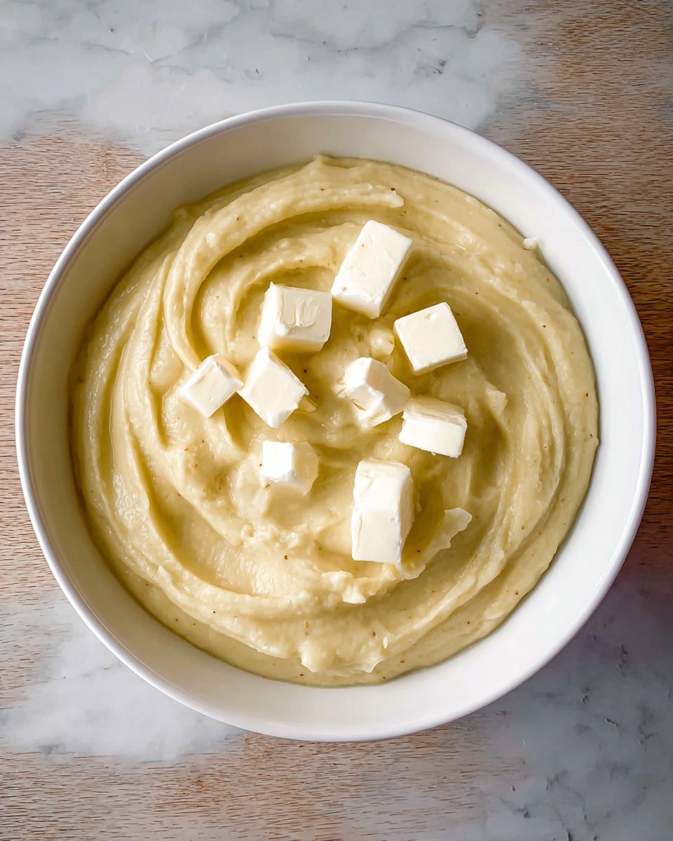 A white bowl filled with smooth, light tan creamy mashed potatoes swirled neatly to create soft peaks, topped with several small cubes of pale yellow butter scattered on the surface. The bowl is placed on a white marbled surface. photo taken with an iphone --ar 4:5 --v 7