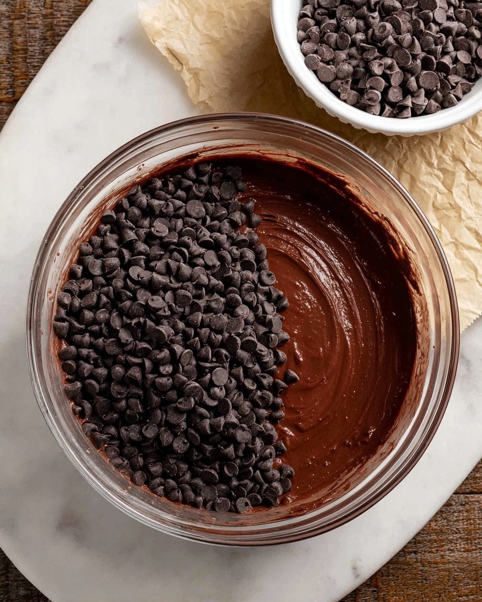 A clear glass bowl sits on a white marbled surface, filled halfway with smooth, dark brown chocolate batter. On the right side of the batter is a thick layer of small, shiny black chocolate chips, creating a textured contrast between the smooth batter and the rough chip topping. In the upper right corner, a white bowl filled with more chocolate chips rests on a piece of torn, old paper. photo taken with an iphone --ar 4:5 --v 7