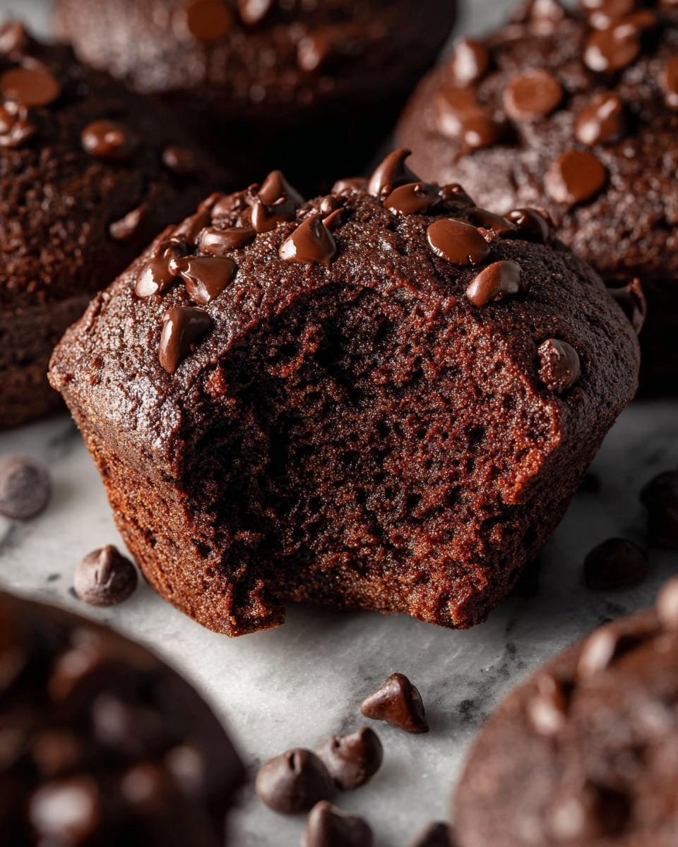 A close-up of a rich dark chocolate muffin topped with many small shiny chocolate chips, set against other similar muffins and a bowl filled with chocolate chips in the background on a white marbled surface. The muffin’s top is slightly cracked showing its soft texture, and the muffin liner is dark-colored with ridges. photo taken with an iphone --ar 4:5 --v 7