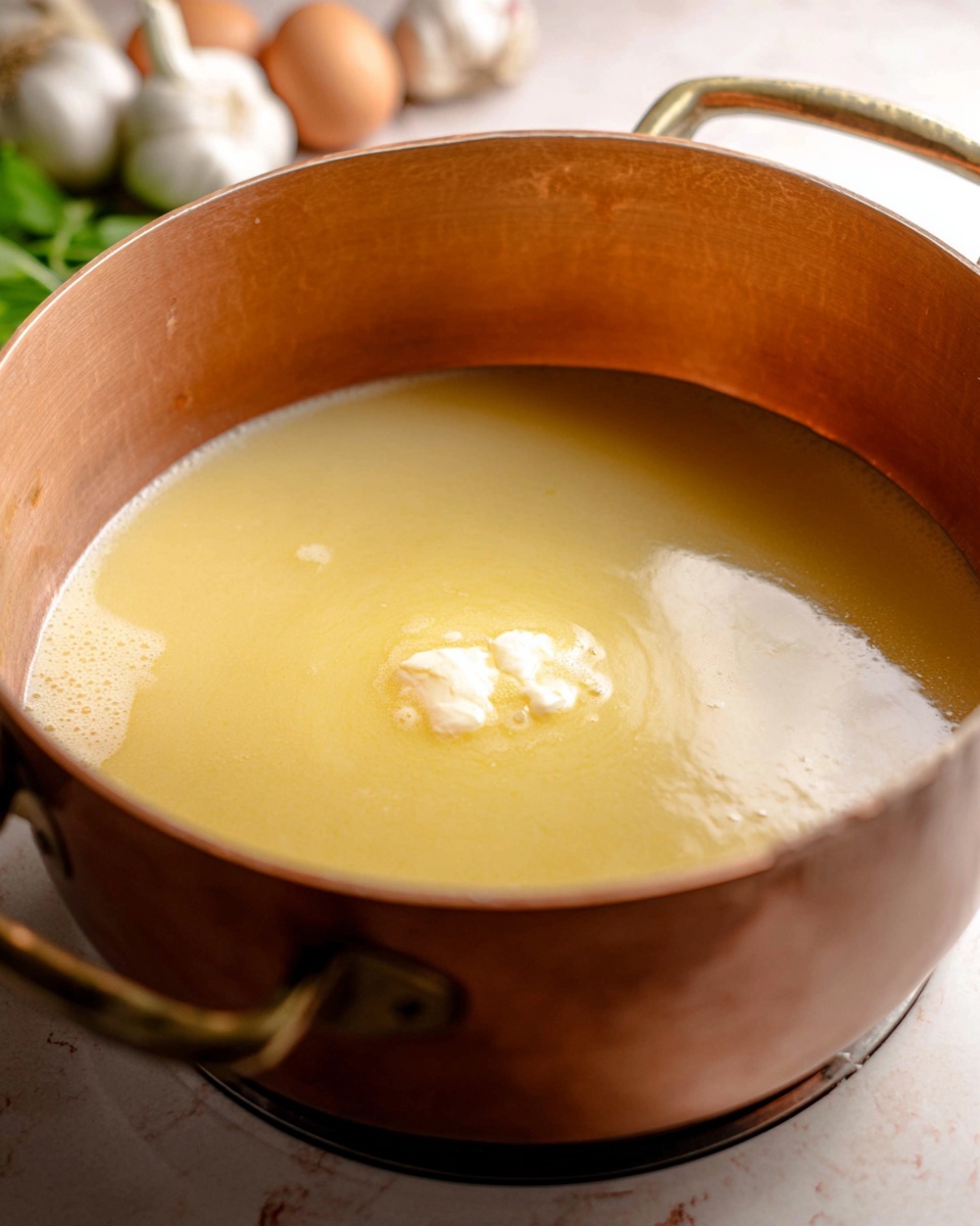 A large copper pot filled with a smooth, light yellow liquid with a small dollop of melted butter or cream melting on top in the center. The pot sits on a stove with a slightly reflective surface, and the background shows some garlic bulbs and green plant leaves blurred out. The overall scene is bright and clean with a white marbled texture surface. photo taken with an iphone --ar 4:5 --v 7