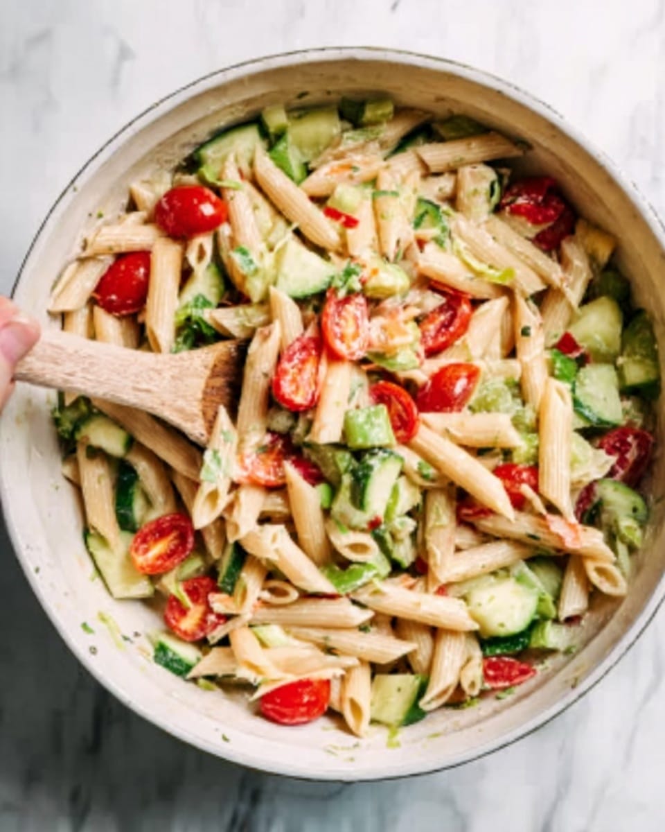 The image shows a white bowl filled with a pasta salad. There are three main layers visible: the base layer consists of penne pasta, pale yellow in color with a smooth texture. The second layer is scattered pieces of green cucumber chunks, mixing inside the salad. The top layer includes small red cherry tomatoes cut in half, adding a bright color contrast. There are tiny green leafy bits spread evenly throughout the salad. A woman's hand holds a wooden spoon inside the bowl, stirring the ingredients. The bowl sits on a white marbled surface. photo taken with an iphone --ar 4:5 --v 7