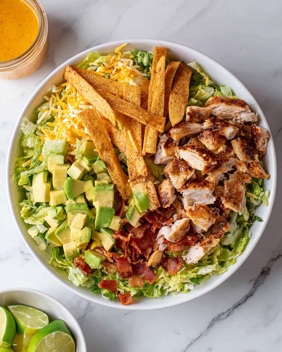 A white bowl on a white marbled surface holds a colorful salad with three main layers: the bottom layer is fresh, shredded green lettuce mixed with small chunks of light yellow and orange cheese .. The middle layer includes diced green avocado cubes evenly spread out. The top layer is made of grilled chicken pieces with a light brown color and slightly charred edges, scattered with several long, crispy golden-brown tortilla strips. To the left of the bowl, a small round glass container with orange dressing is partially visible, and below it, there is a small bowl with sliced green lime wedges. photo taken with an iphone --ar 4:5 --v 7