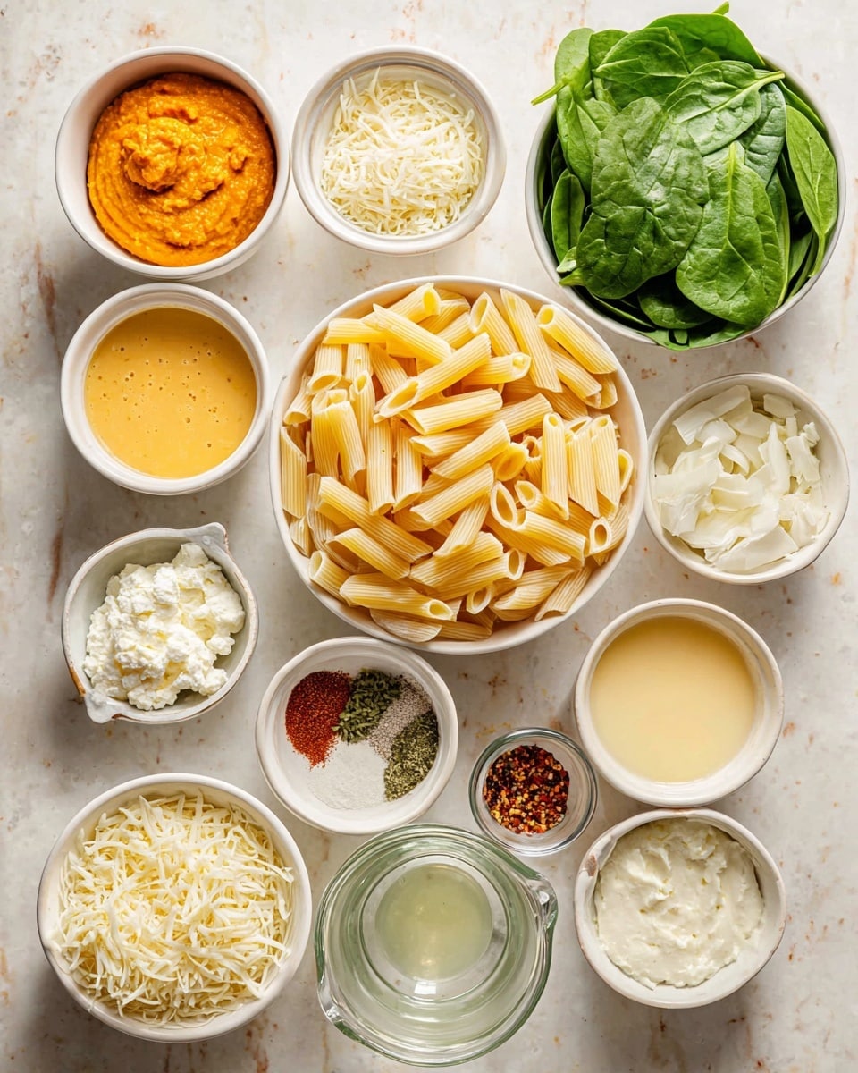 The image shows ten white bowls and two clear measuring cups with different ingredients arranged neatly on a white marbled surface. In the center is a bowl filled with uncooked tubular pasta, light yellow in color. Above it, a bowl holds fresh green spinach leaves with a smooth texture. To the left of the spinach is a bowl with bright orange puree that looks creamy and thick. Below it, a small bowl contains finely minced garlic with a slightly rough texture. Another bowl nearby holds a smooth, pale yellow beaten egg mixture. Moving right from the pasta, a small bowl contains finely chopped shallots, white and light purple in color. Next to this is a flat dish with various spices: salt, black pepper, red chili flakes, dried herbs, and a small pinch of nutmeg creating a mix of white, black, red, green, and brown colors. Below these spices, a small bowl has shredded white cheese with a soft texture, while next to it, a bowl is filled with white ricotta cheese that appears soft and creamy. One clear measuring cup holds light cream with a smooth surface, and another has a golden broth. At the bottom center, a small bowl contains finely grated cheese with a snowy white look. The photo was taken with an iphone --ar 4:5 --v 7