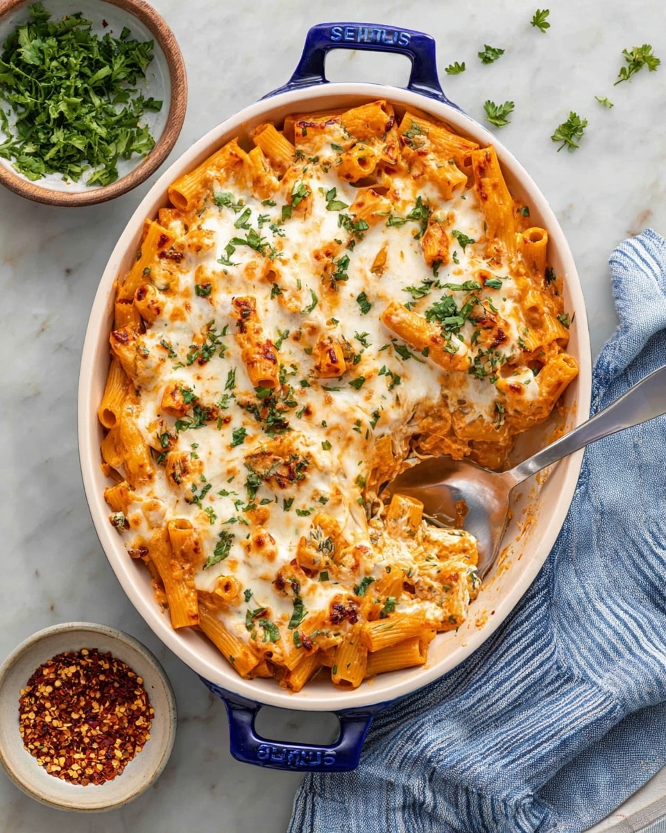 An oval white dish with blue handles is filled with baked pasta in two visible layers: the bottom layer is orange pasta tubes mixed with green herbs, and the top layer is melted creamy white cheese with golden brown spots and scattered chopped green herbs. A spoon is scooping some pasta from the bottom right of the dish. Next to the dish are a small bowl of crushed red pepper flakes and a small bowl of fresh green parsley leaves. The dish is placed on a white marbled surface with a blue and white striped cloth on the bottom right. Photo taken with an iphone --ar 4:5 --v 7