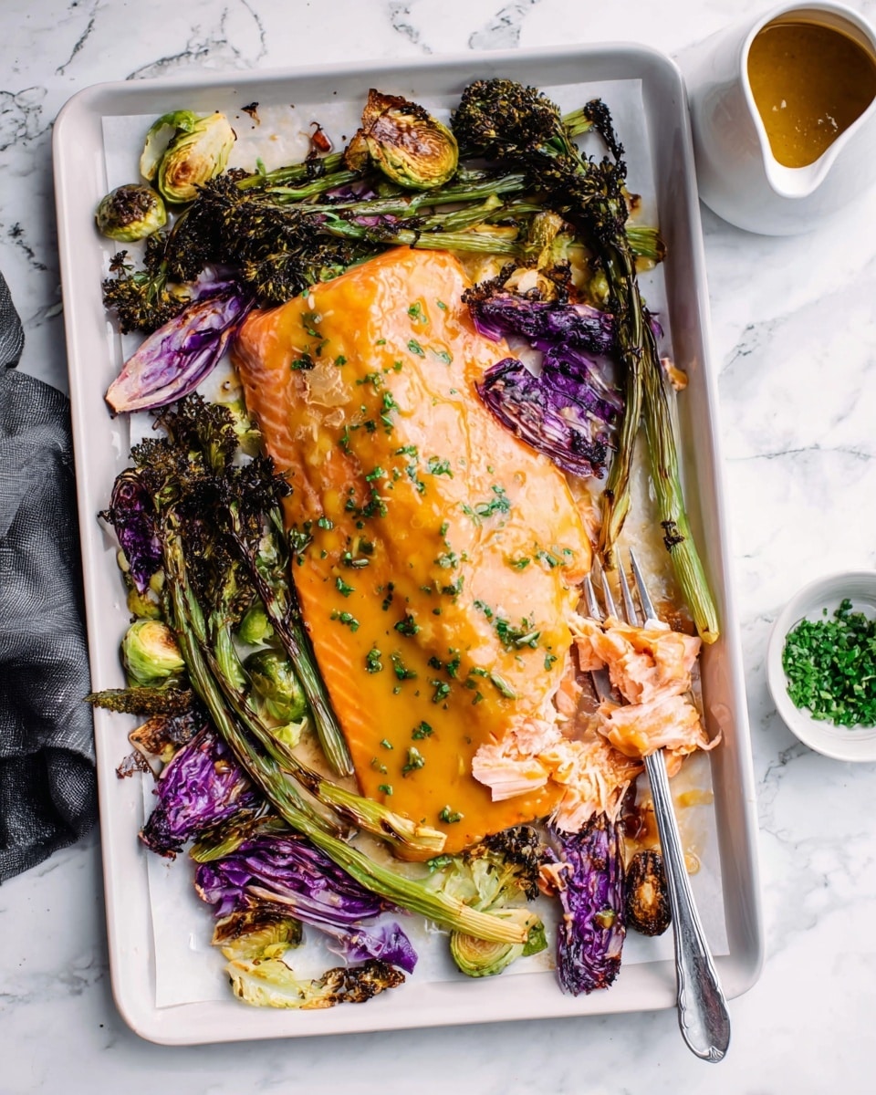 A large piece of cooked salmon with a smooth orange glaze and sprinkled green herbs lies in the center of a white rectangular tray lined with white parchment paper. Around the salmon, there are charred green broccolini stems and purple cabbage pieces mixed with browned Brussels sprouts, giving a mix of green, purple, and golden-brown colors. A silver fork is stuck into the salmon on the top right side where some fish flakes have been pulled away. On the white marbled surface next to the tray, a white sauce pitcher with yellow-brown sauce and a small white bowl with chopped green herbs are placed on the right side. Photo taken with an iphone --ar 4:5 --v 7