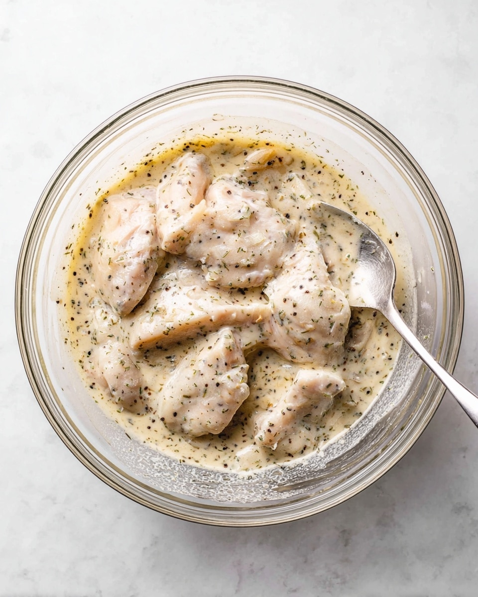 A clear glass bowl is shown from above, filled with raw light pink chicken pieces covered in a thick, pale beige creamy sauce mixed with small green and black herb specks. The sauce looks smooth with a slightly frothy texture. A silver spoon partially covered in the sauce rests inside the bowl near the edge. The bowl is placed on a white marbled surface. photo taken with an iphone --ar 4:5 --v 7