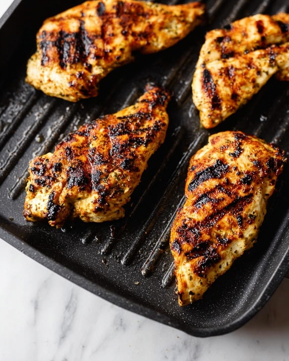 The image shows four grilled chicken pieces on a black ridged grill pan. Each piece is golden brown with some dark brown char marks and a slightly crispy texture. The chicken pieces are arranged with two closer to the top edge and two near the bottom right side of the pan, which sits on a white marbled surface. The lighting highlights the char and grill marks, making the chicken appear juicy and well-cooked. photo taken with an iphone --ar 4:5 --v 7