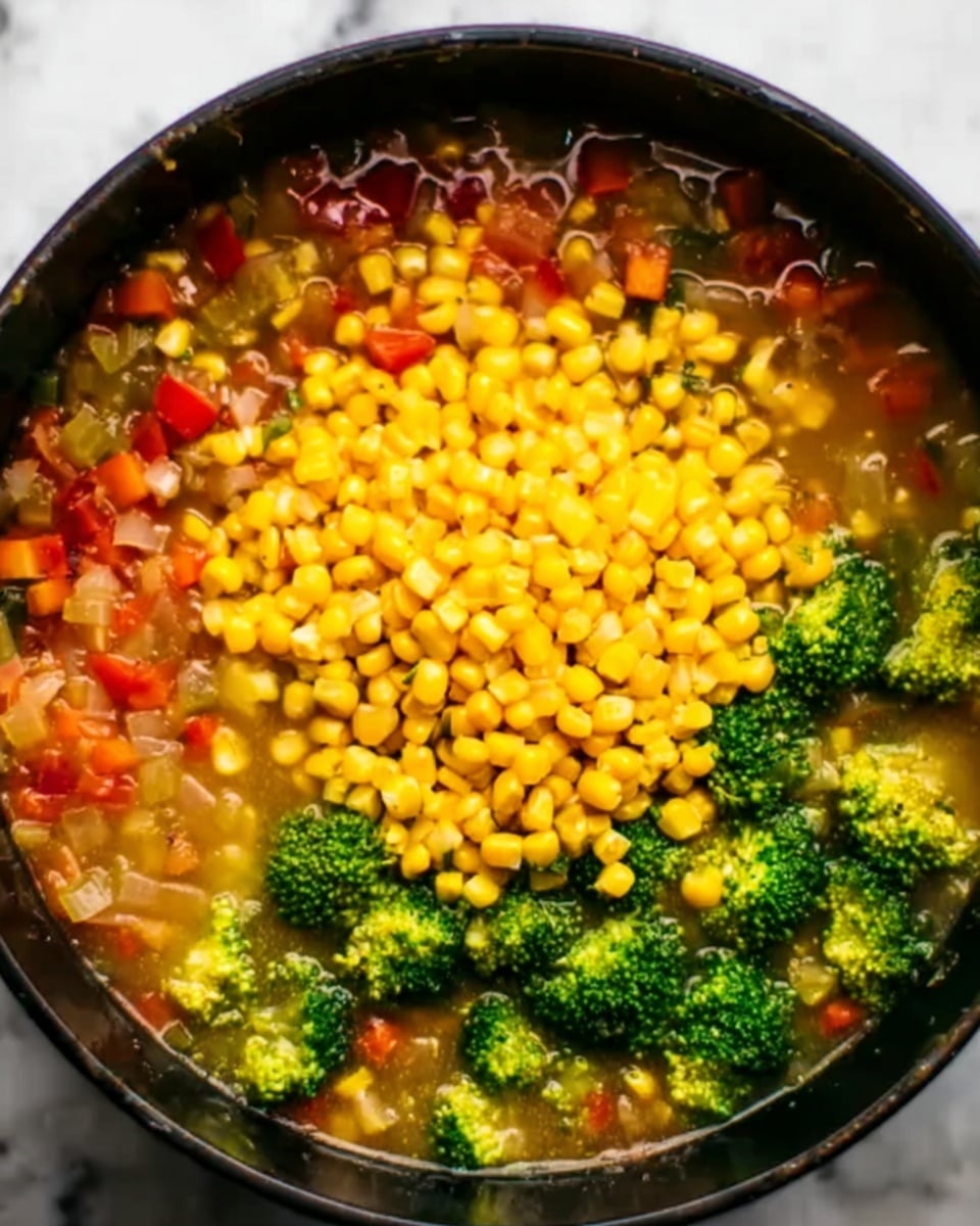 The image shows a black pot filled with a colorful vegetable stew. At the bottom, there is a mix of small diced vegetables including red and yellow bell peppers and onions, all swimming in a light broth. On one side near the edge, there are bright green broccoli florets partially submerged in the liquid. On top, there is a large pile of yellow corn kernels covering the center of the pot. The pot is filled almost to the top, and the vegetables look fresh and vibrant. The background surface is a white marbled texture. Photo taken with an iphone --ar 4:5 --v 7