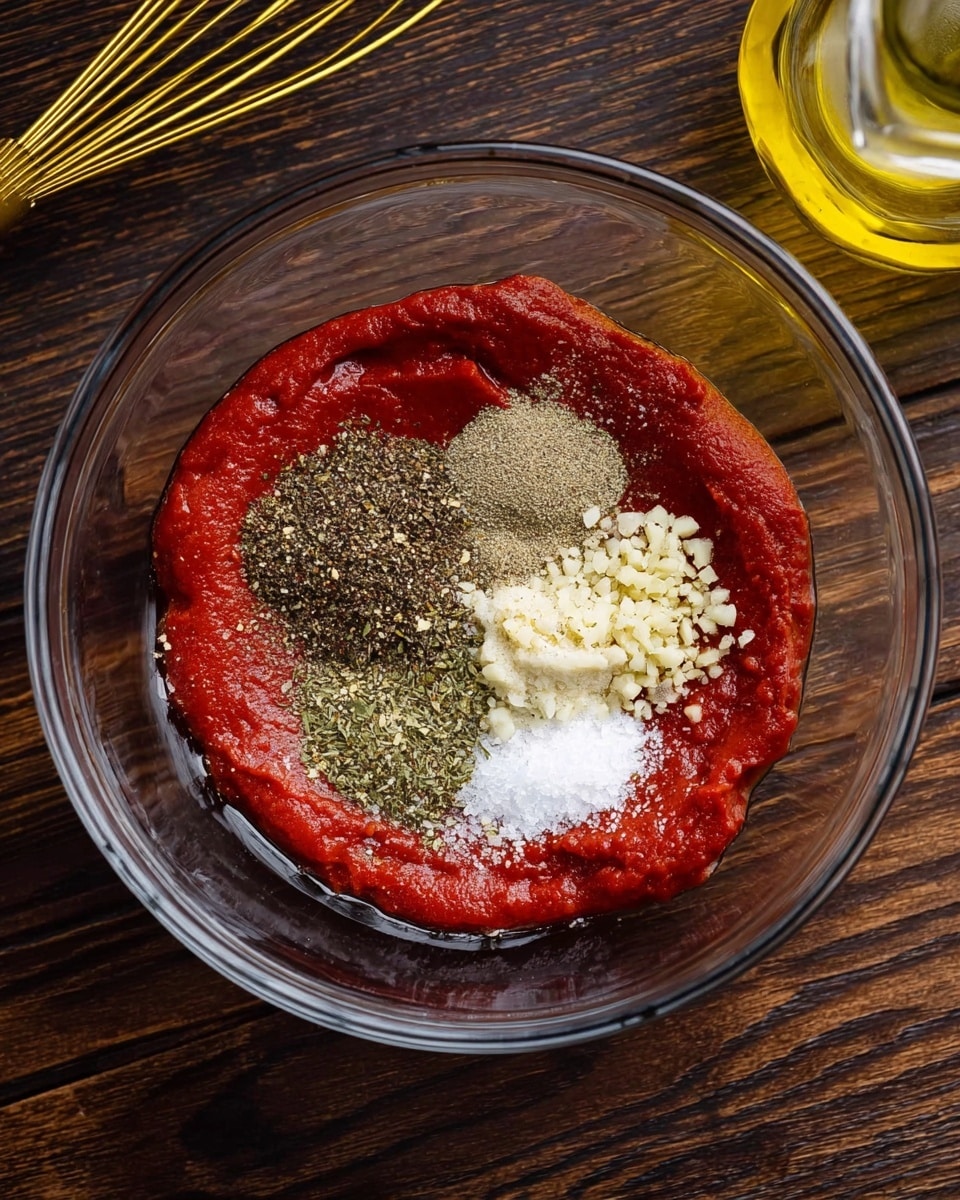 A clear glass bowl filled with a thick, bright red layer of tomato paste at the bottom, topped with several small piles of spices arranged in a somewhat circular pattern at the center. From top clockwise, there is a dark ground black pepper layer, a white granular salt layer, a greenish dried herb layer mixed with more salt, and a light beige minced garlic layer. The bowl is placed on a dark wooden surface with a gold whisk partly visible to the upper left and a glass container with yellow oil to the upper right. Photo taken with an iphone --ar 4:5 --v 7