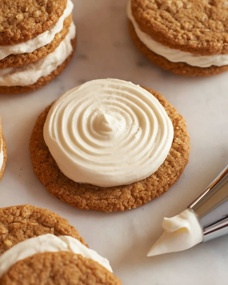 The image shows a close-up of a round oatmeal cookie base with a thick, creamy white frosting swirled in a circular pattern on top, forming a small peak in the center. Surrounding the cookie are several more oatmeal cookies, some stacked, and a cookie sandwich with the same white frosting visible between two cookies. On the right side, there is a metal-iced piping tip with a bit of the white frosting coming out, all placed on a white marbled surface. The colors stand out with the warm brown of the cookies and the soft white frosting. photo taken with an iphone --ar 4:5 --v 7